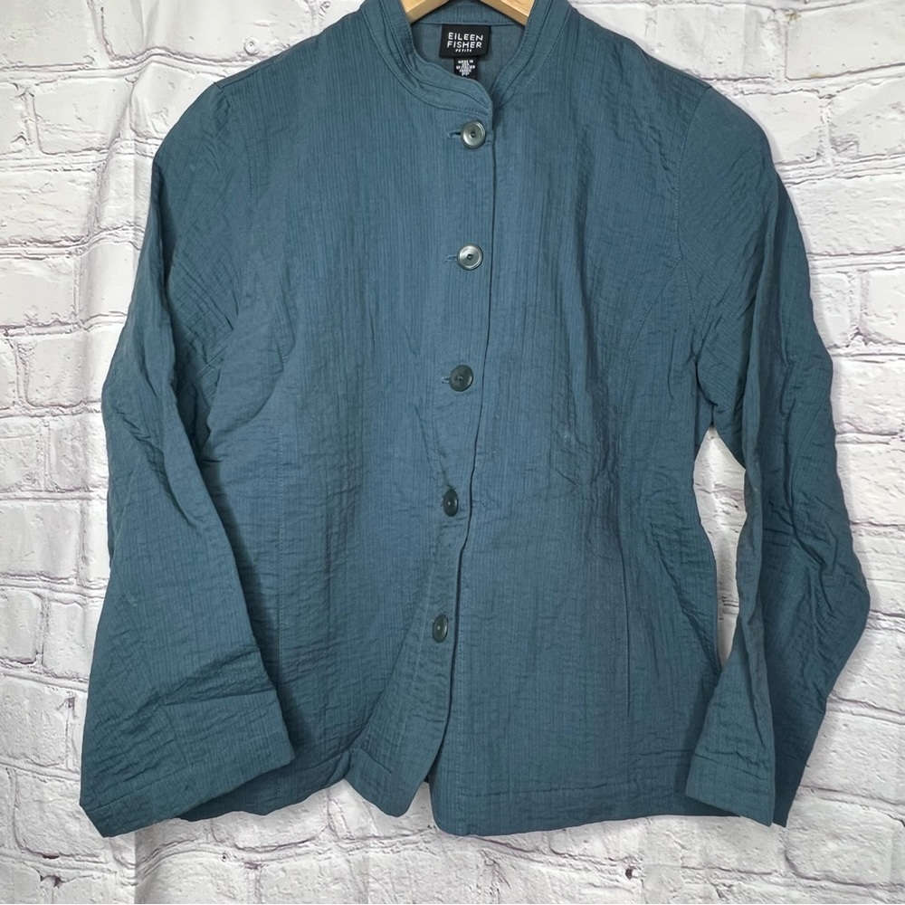 Eileen Fisher Petite Canvas Mandarin Collar Jacket Button Up Blue Petite Small